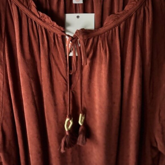 Knox Rose Womens L Brown Peasant Blouse V Neck Tassel Long Sleeve Boho Raglan. - Picture 5 of 8